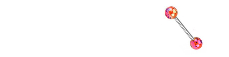 Piercing langue rouge avec boules en acier, acrylique.